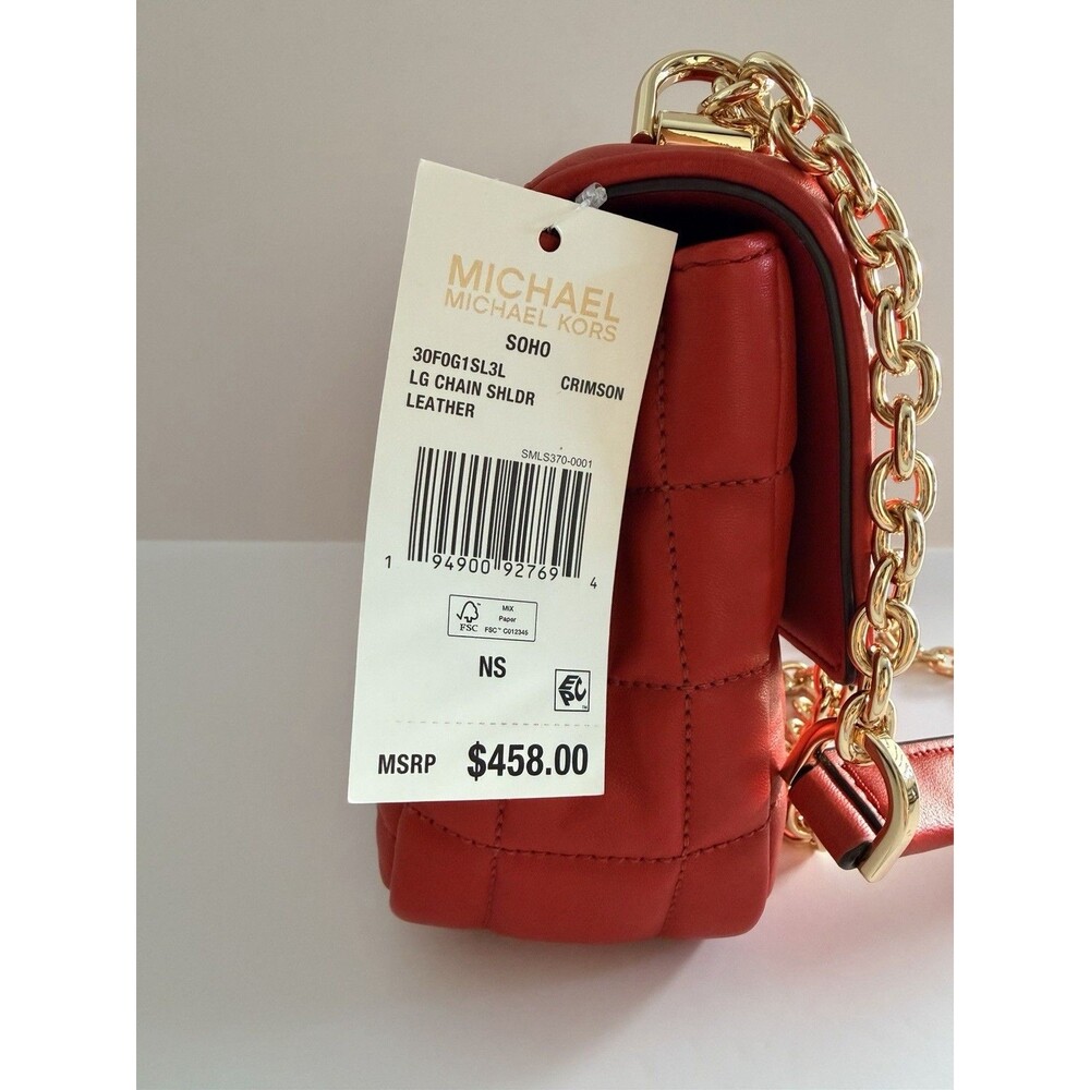 Michael Kors Soho Large Quilted Leather Shoulder Bag Crimson Red Gold Chain NWT - Picture 9 of 15